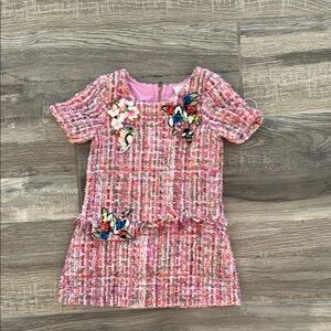 Chic Pink Tweed Kids Dress with Floral Accents